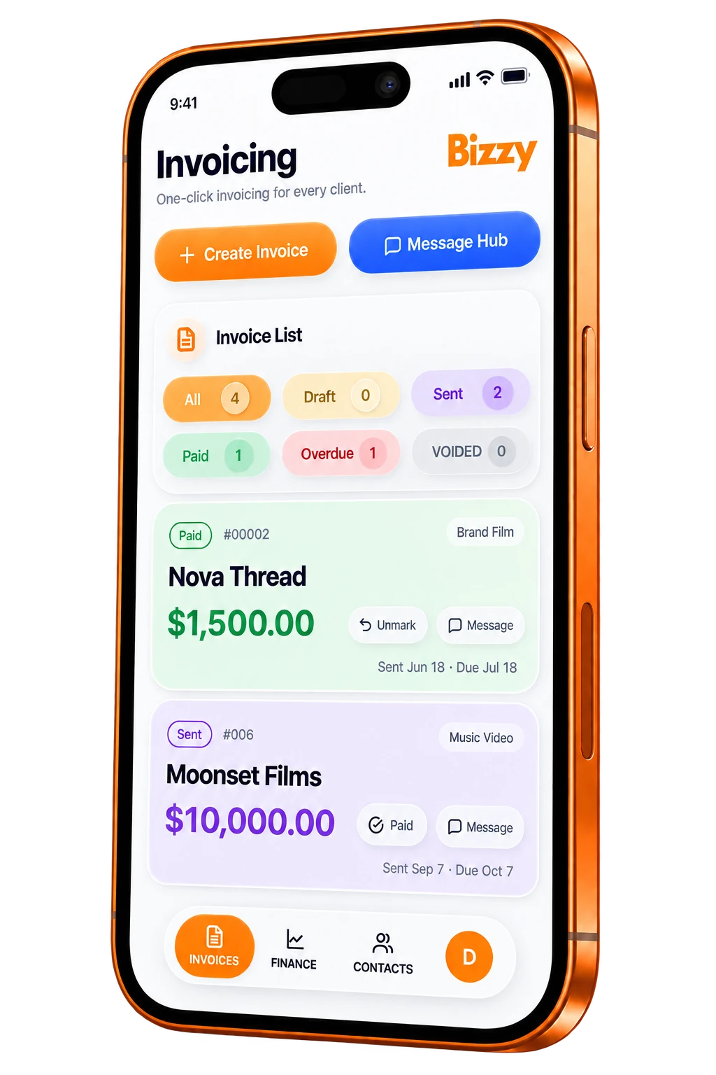Orange titanium concept phone displaying Bizzy’s illustrative invoicing interface